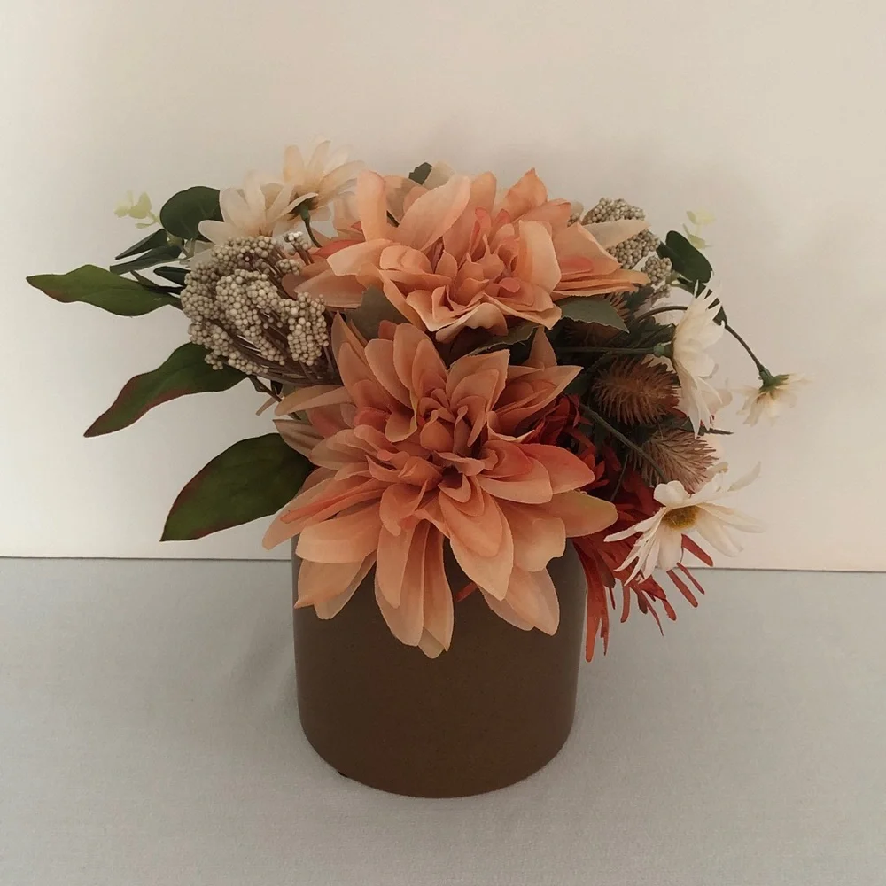 Peach & White Floral Arrangement in Brown Vase